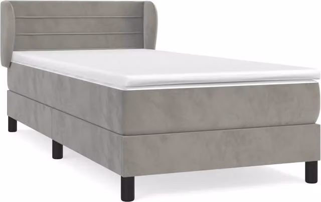 Letto singolo moderno con struttura in velluto grigio e dettagli in legno e rattan, L/P/H: 90 x 200 x 88 cm – 1