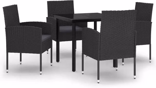 Set da pranzo da giardino moderno in metallo e rattan con piano in vetro, 5 pezzi, nero e grigio