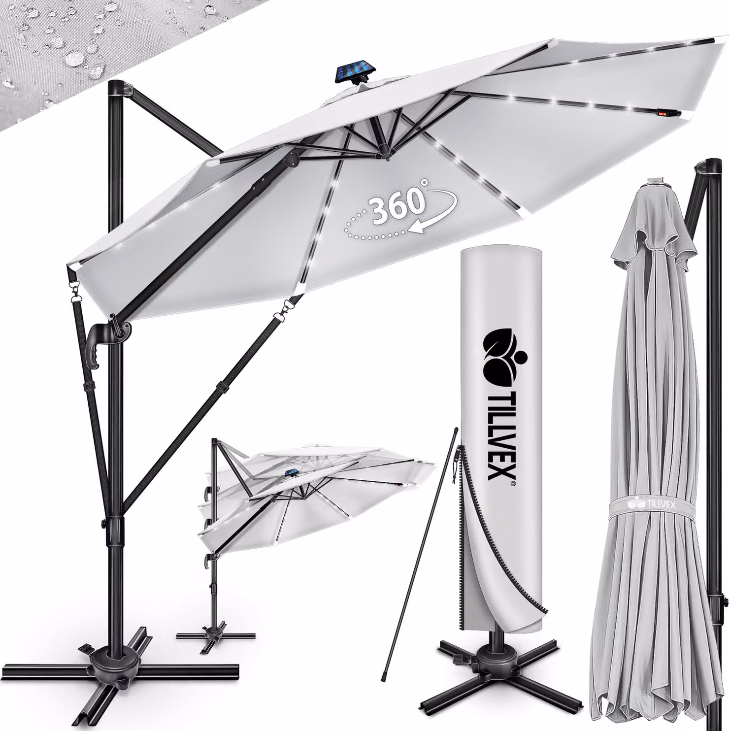 tillvex® Premium ombrellone in alluminio 330 cm grigio + copertura e protezione dal vento | ombrellone a sbalzo 6 pieghevole regolabile con manovella | ombrellone da giardino girevole a 360° inclinabile | ombrellone a manovella UV50+ grande impermeabile