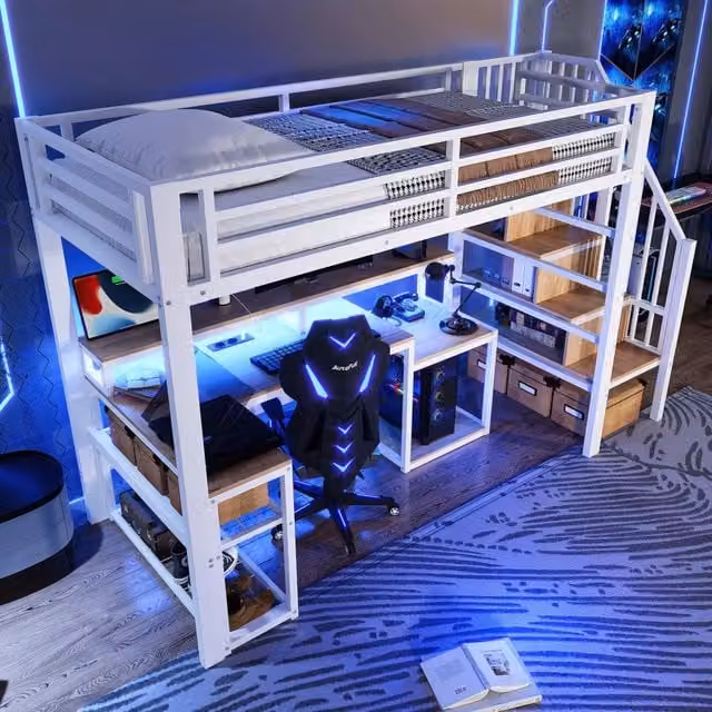 Letto a soppalco 90 × 200 cm con scrivania, ripiani, vano scala, LED e USB, senza materasso, metallo bianco