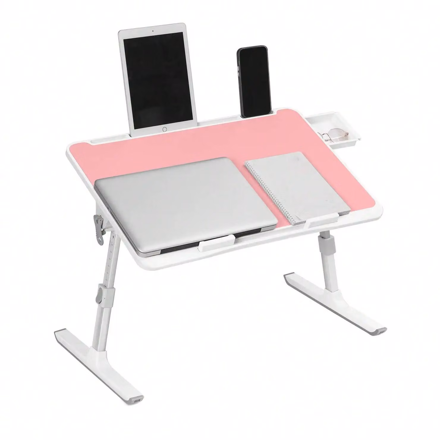 Tavolino multifunzionale per laptop - Tavolino da letto/divano - 60×40 cm - Regolabile in altezza e inclinazione - Pieghevole - Con cassetto - Rosa