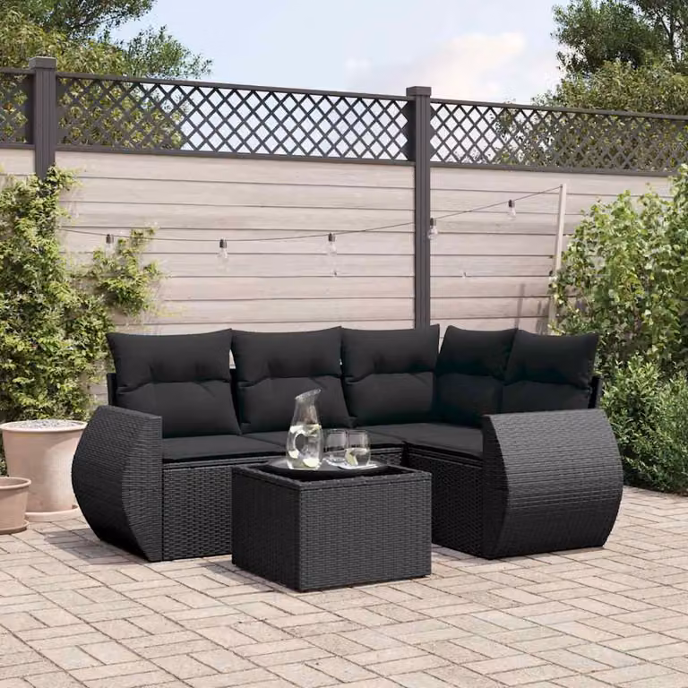vidaXL Set Divani da Giardino 5 pz a Forma a L con Cuscini e Tavolino Nero