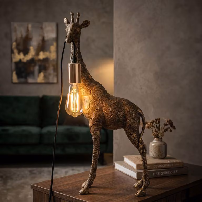 Lampada da tavolo a forma di giraffa, in resina, finitura anticata color oro, dimensioni 28x16x60 cm, design Mauro Ferretti