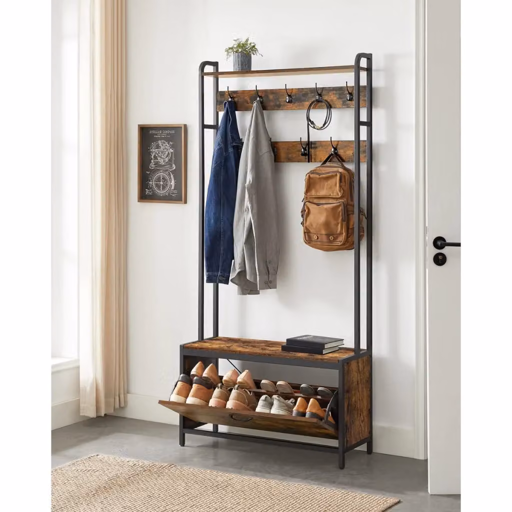 Appendiabiti da terra industrial con panca e scarpiera KENDRA HOME in metallo e MDF, colore nero e marrone – 2
