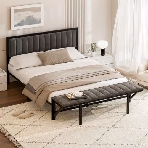 Letto imbottito AIORBER, 140x200 cm, con poggiapiedi pieghevole, ampio spazio di archiviazione, velluto, morbido e confortevole, letto matrimoniale, struttura del letto in ferro, robusto, grigio