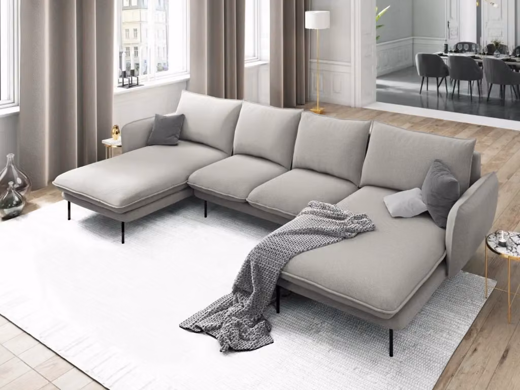 Divano panoramico Vienna Cosmopolitan Design a 6 posti in tessuto grigio con struttura in metallo e forma a U – 2