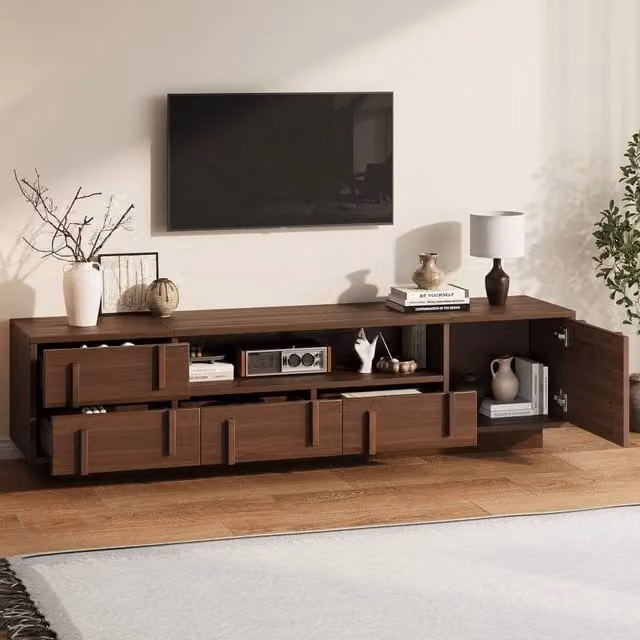 Desviae Mobile porta TV in MDF con 4 cassetti vano chiuso 2 ripiani aperti per TV fino a 75 pollici noce 180 × 40 × 45 cm
