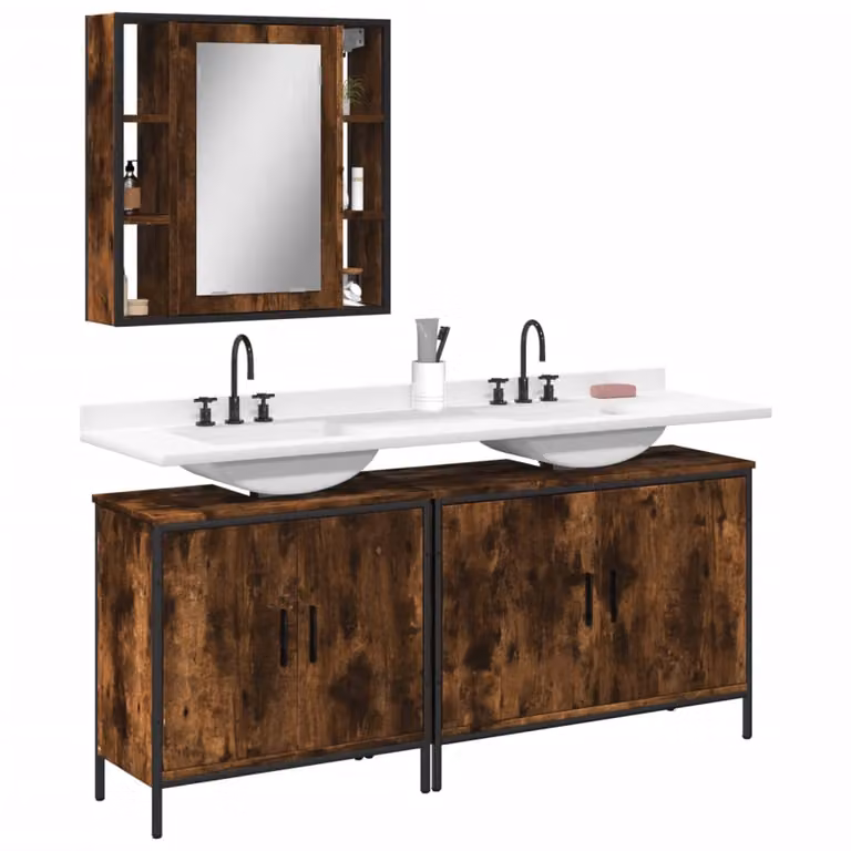 Set di mobili da bagno vidaXL 3 pezzi in stile industriale color marrone con mobile lavabo e armadietto specchio in legno e metallo