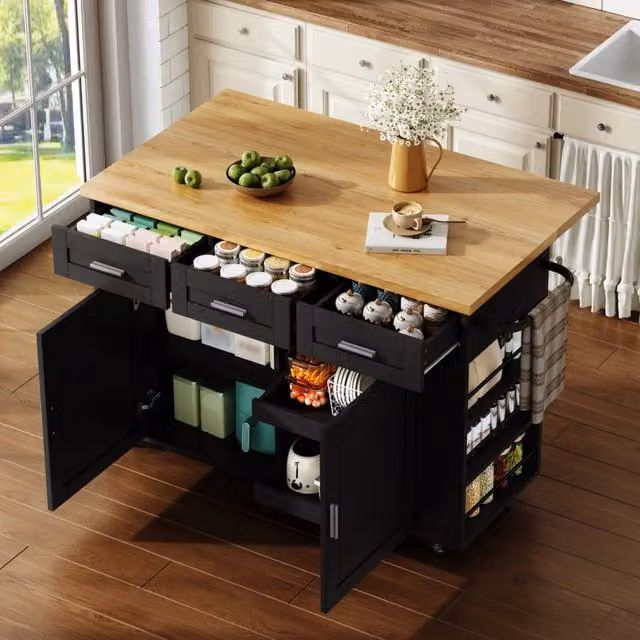 Isola da cucina mobile con piano pieghevole in MDF, 120 x 70 x 84 cm, cassetti, organizer, prese e ruote