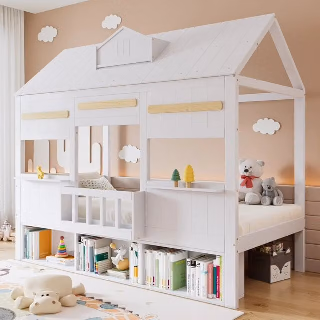 Letto a soppalco singolo per bambini REDOM bianco con libreria in legno e MDF, L/P/H: 200 x 90 x 50,5 cm