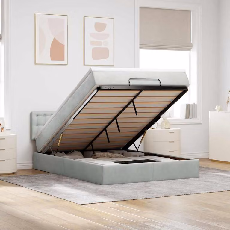 Letto con Pouf e Materasso vidaXL in Velluto con Base a Sollevamento e Porte USB, L: 144 cm, P: 193 cm, H: 280 cm, Grigio e Bianco