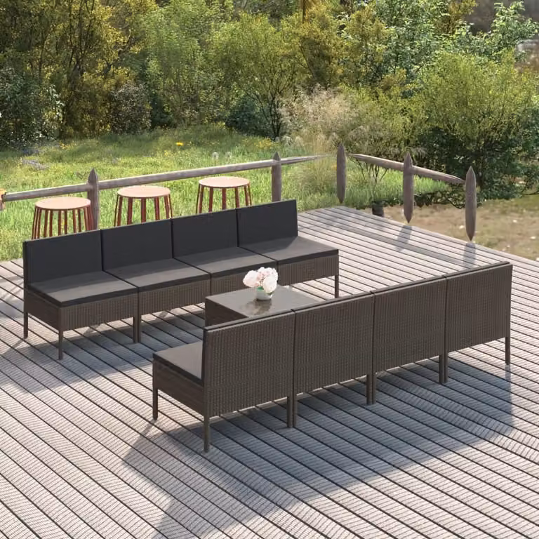 The Living Store Set da giardino 9 pezzi con cuscini in poly rattan grigio