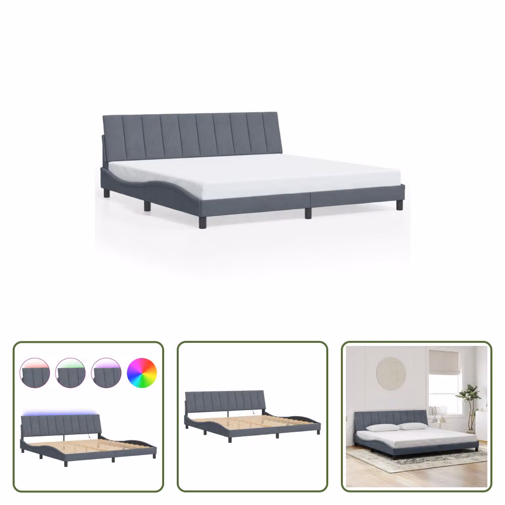 The Living Store Struttura letto con luci LED grigio scuro 200x200 cm in velluto