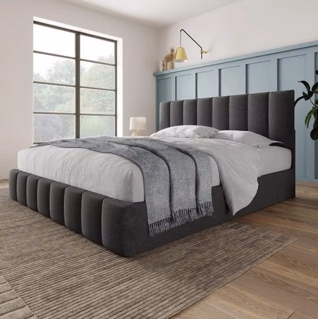 Letto matrimoniale imbottito idraulico 140x200 cm con testiera regolabile, rete a doghe in metallo e materasso in lino grigio