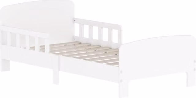 Letto singolo per bambini Minimal con barriera di protezione e rete a doghe, bianco