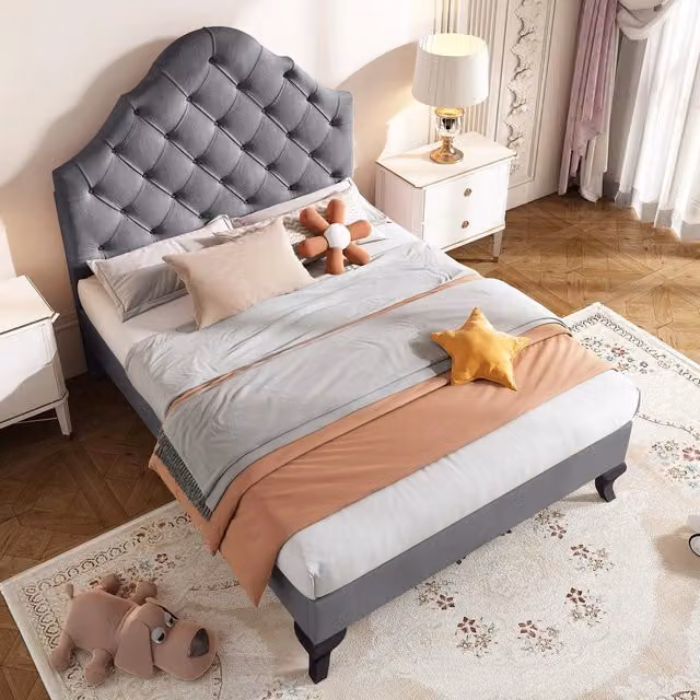 Letto imbottito Minimal con rete a doghe e testiera in velluto grigio L: 90 cm, P: 200 cm