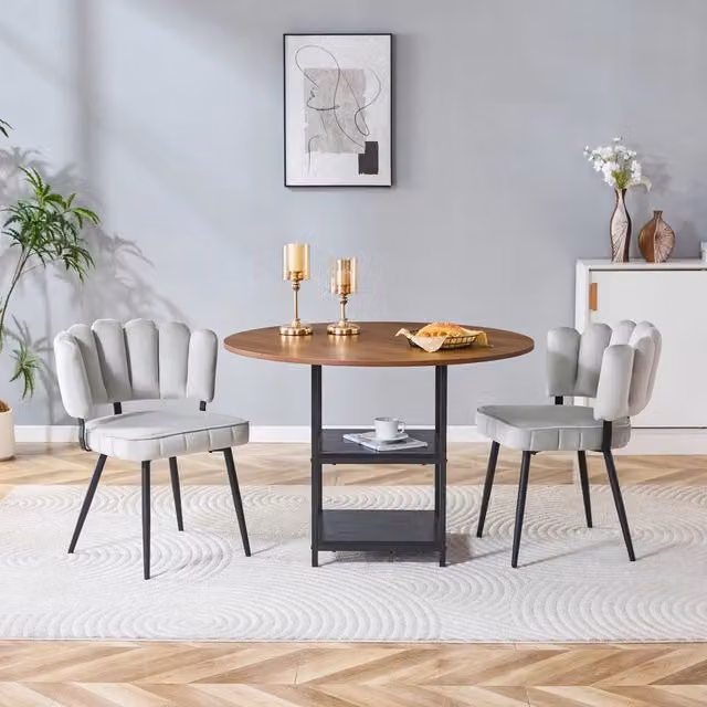 Set tavolo e sedie con tavolo rotondo e 2 sedie, doppio ripiano, in MDF, metallo e tessuto noce e grigio chiaro