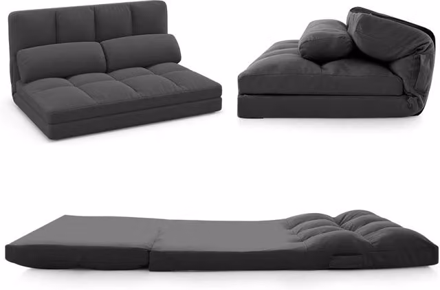 Divano Letto da Pavimento con 2 Cuscini, Divano da Terra Convertibile con Schienale Regolabile in 3 Posizioni, Rivestimento in Velluto, per Camera da Letto Salone Balcone(Grigio scuro)