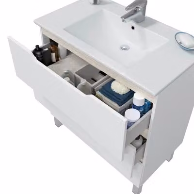 Mobile bagno da terra Brillo bianco e rovere con top e specchio L 80 cm x P 45 cm x H 86 cm – 2