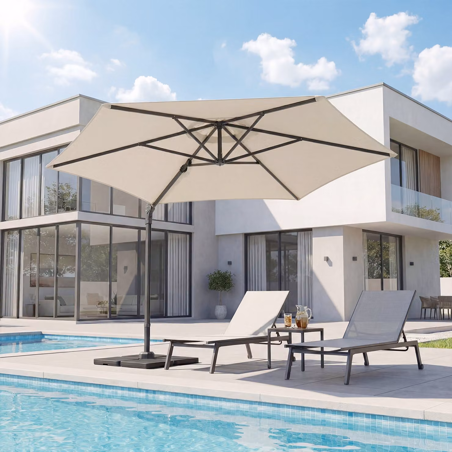 Ombrellone da giardino decentrato Costway Beige con manovella, base a croce e sacco di sabbia, diametro 300 cm