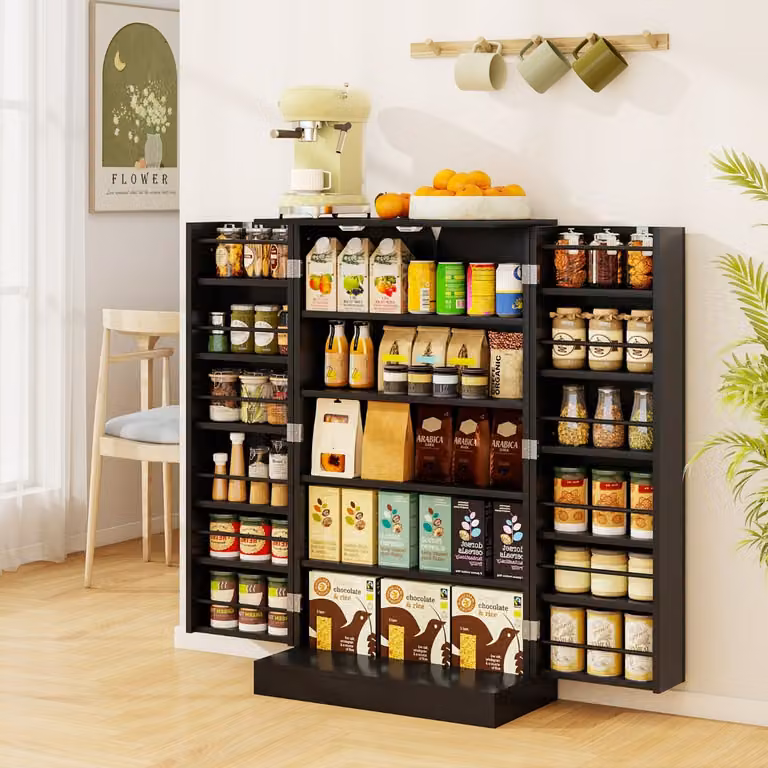 Armadietto dispensa Costway nero con ante a battente e ripiani interni, credenza autoportante moderna per sala da pranzo e soggiorno, Altezza: 104 cm
