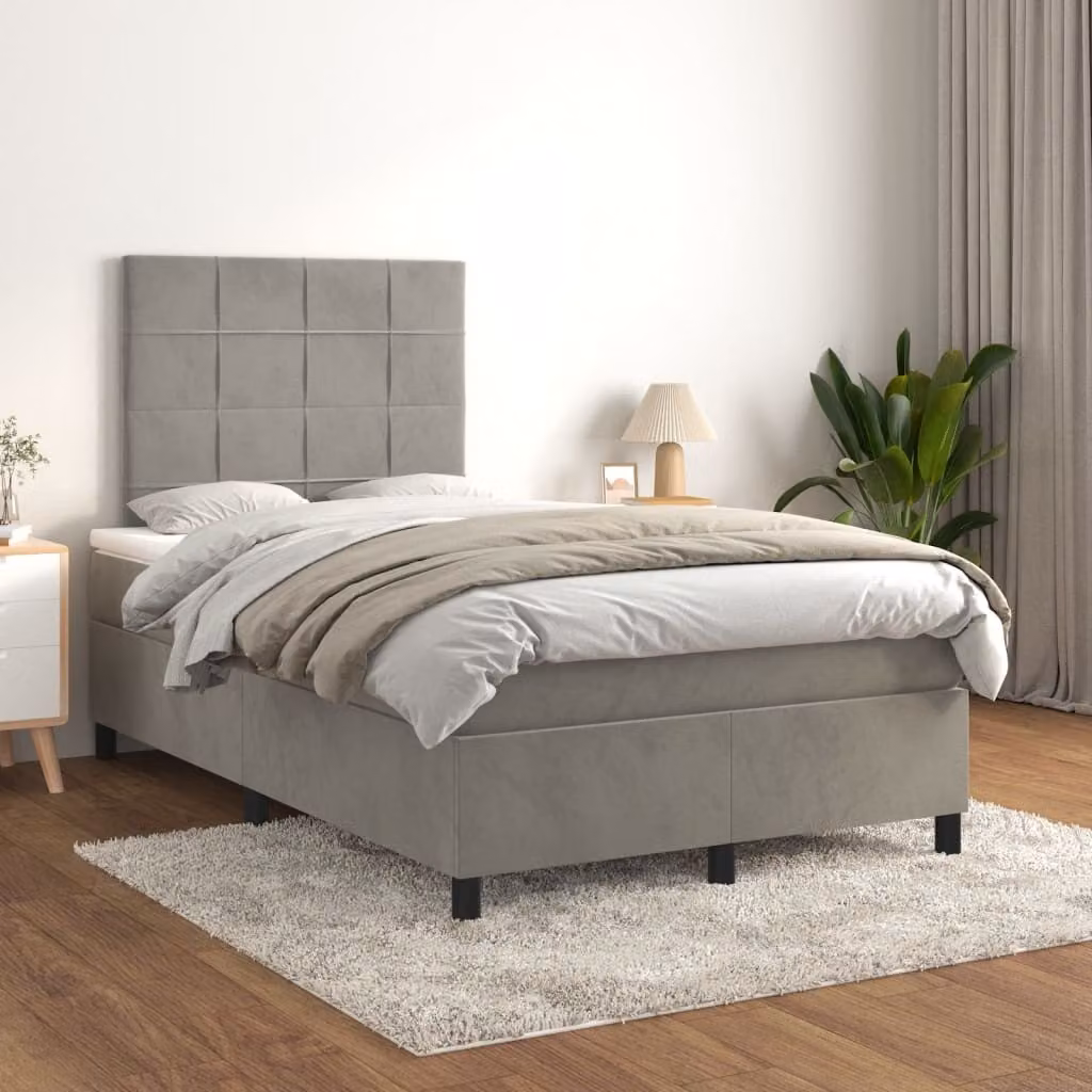 The Living Store Letto a molle con materasso grigio chiaro 120x200 cm in velluto