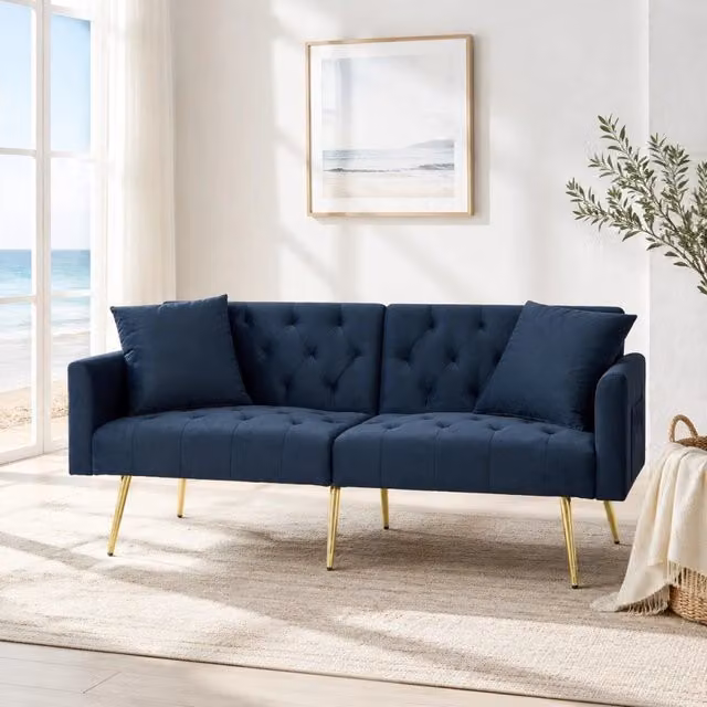 Divano letto MIVRAY a 2 posti in velluto blu con schienale regolabile, gambe in metallo dorato e 2 cuscini inclusi