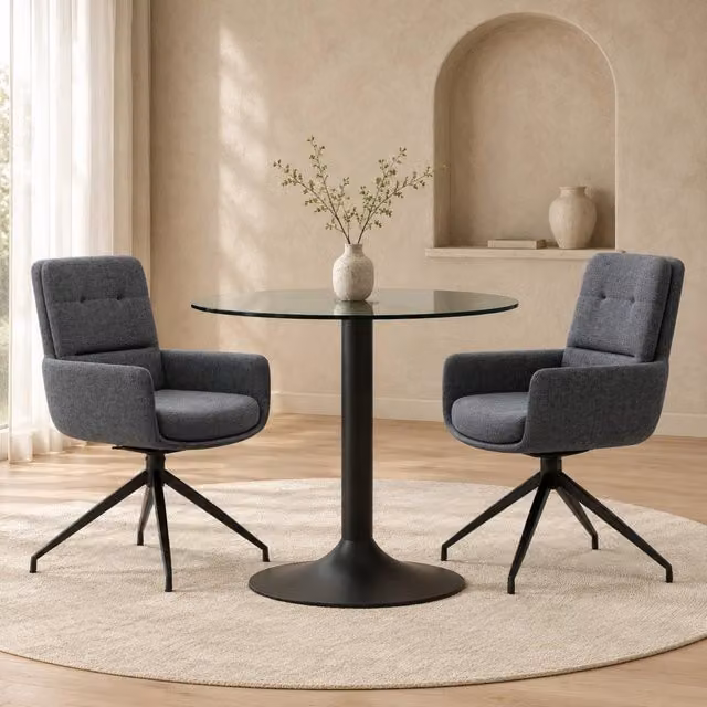 Set da Pranzo con Tavolo Rotondo in Vetro Temperato e 2 Sedie Girevoli in Tessuto Grigio Scuro