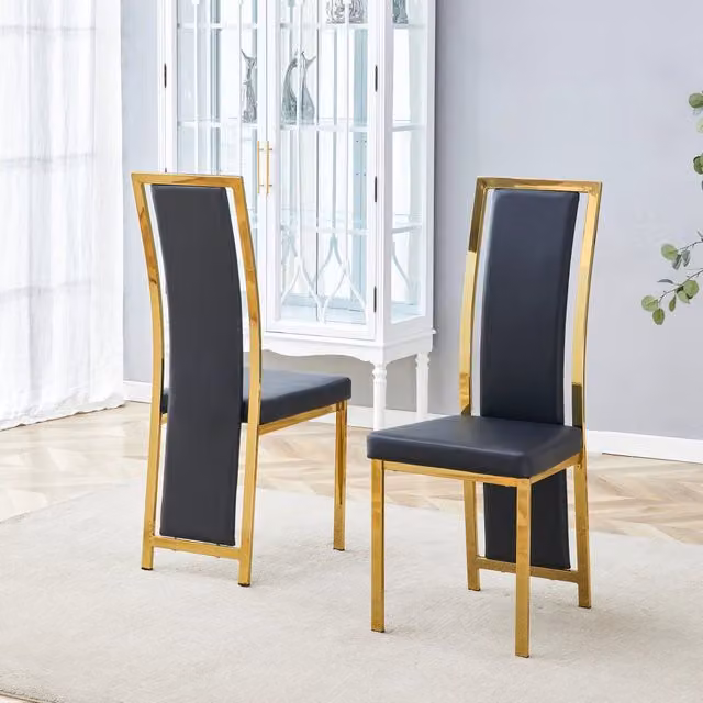 Set di 2 sedie da sala da pranzo moderne OKWISH in ecopelle nera e metallo oro opaco
