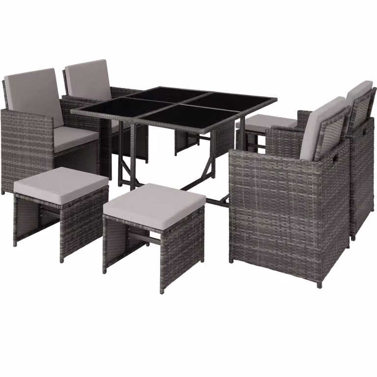 Set da salotto in rattan TecTake GmbH Bilbao 4+4+1 con tavolo in vetro e copertura protettiva - grigio