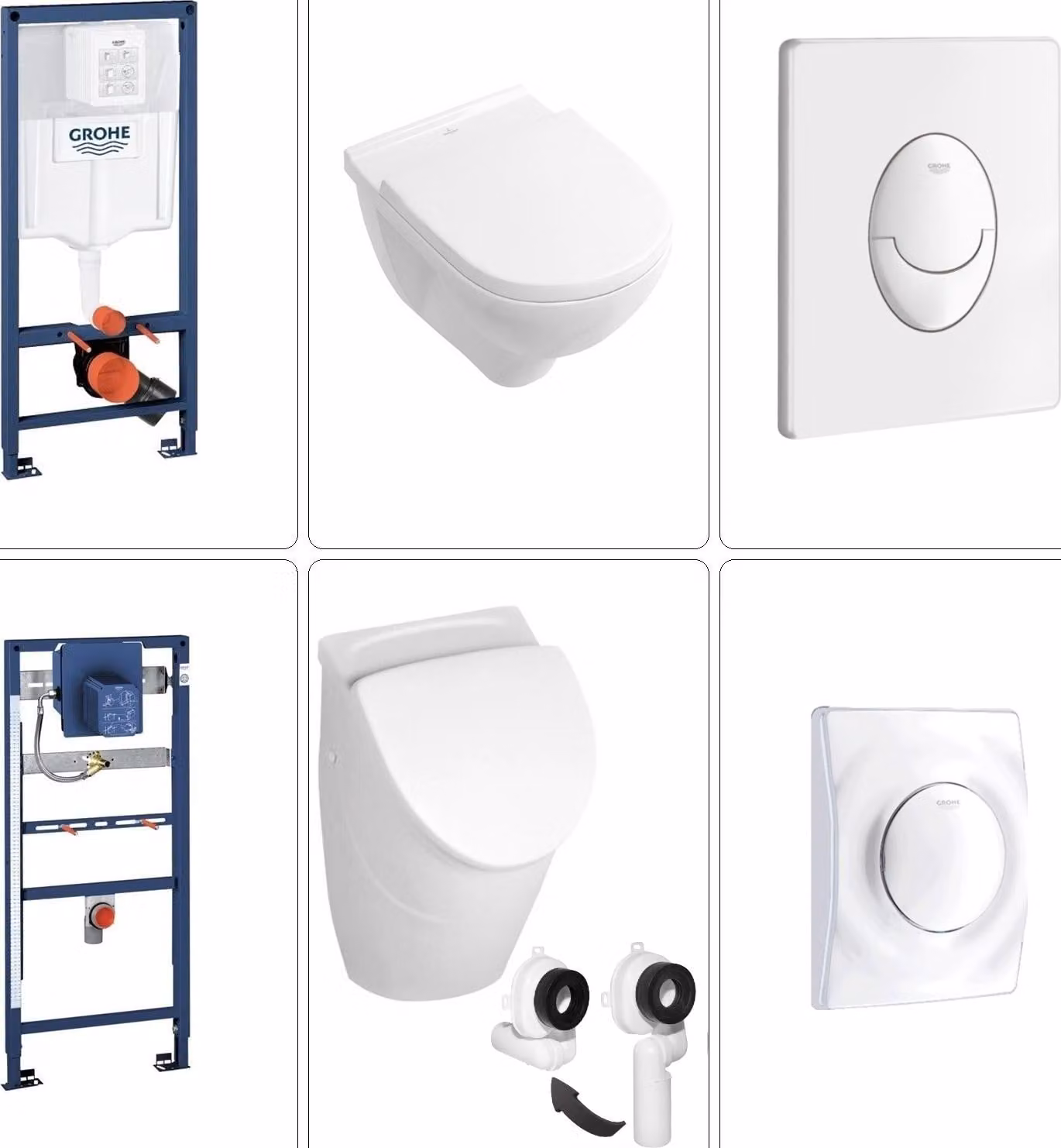 VILLEROY & BOCH O.NOVO WC sospeso senza bordo + sedile WC SoftClose TakeOff e orinatoio + coperchio, telaio frontale a parete e piastra di risciacquo GROHE in bianco