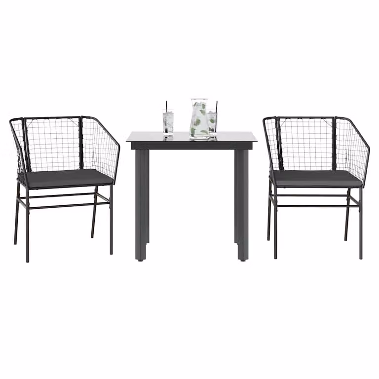 Set da Pranzo da Giardino vidaXL in Polyrattan con Cuscini e Tavolo in Vetro, 3 Pezzi, Grigio e Nero