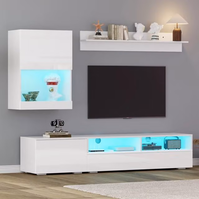 Mobile TV con pensile, mensola, 3 ante, 2 vani semiaperti e LED, bianco lucido, per soggiorno, 175 × 39 × 34 cm