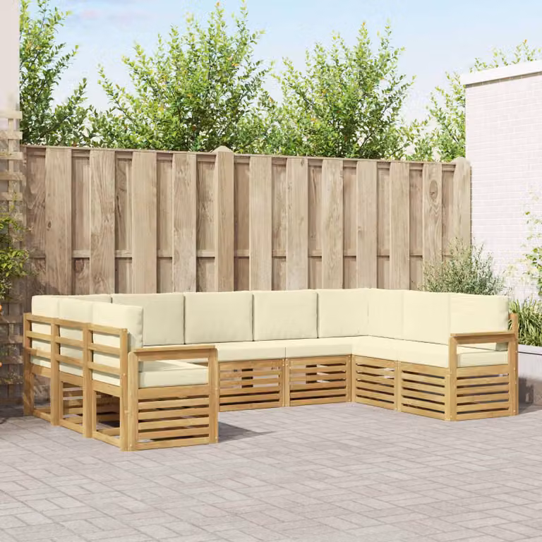 Set di divani da esterno vidaXL 7 pz in legno di acacia con cuscini bianchi e beige