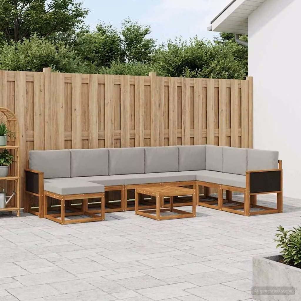 vidaXL Set di divani da esterno moderno a L in legno di acacia, 9 pezzi, Marrone e Grigio Chiaro