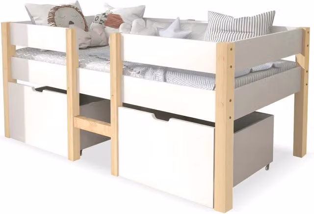 Letto per bambini in pino massiccio 90x190 cm con cassetto e protezione antiribaltamento bianco e rovere