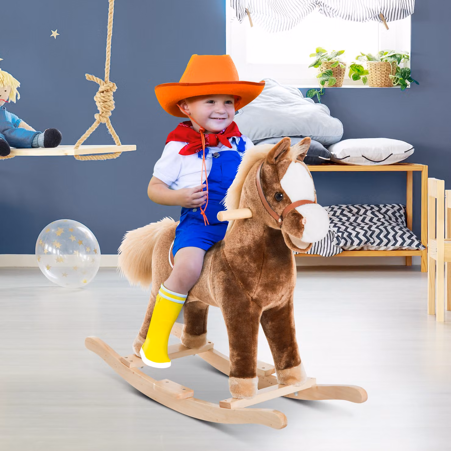 Cavallo a dondolo HOMCOM in legno e tessuto, colore marrone, L 74 cm x P 33 cm x H 62 cm – 2