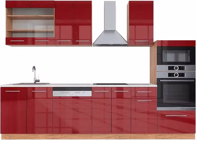 Cucina componibile Fame-Line Vicco Bordeaux lucido e Rovere dorato con armadio alto e piano in marmo, L: 300 cm – 1