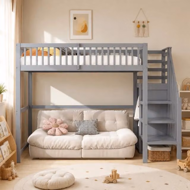 Letto a soppalco Mivray in legno grigio con scala, armadio e scomparti laterali, dimensioni 90 x 200 cm