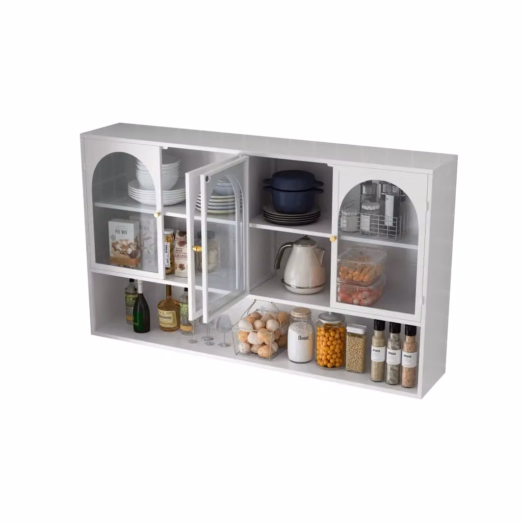 Mobile contenitore sospeso in stile industrial con 4 ante in vetro e metallo per cucina e soggiorno, bianco, L: 120 cm, P: 23 cm, H: 70 cm – 2