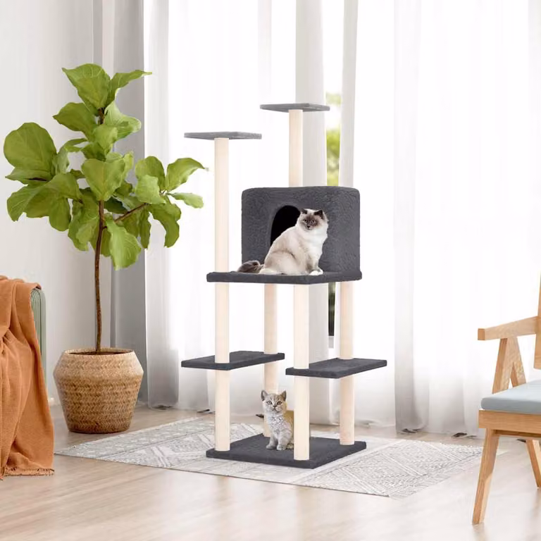 Albero per gatti vidaXL con tiragraffi in sisal, colore grigio scuro, Altezza: 144,5 cm