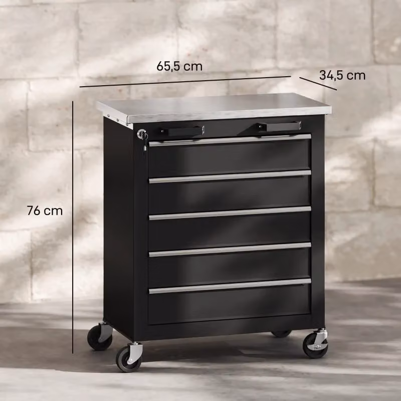 Carrello portautensili WISHDOR in acciaio inox con 5 cassetti, nero, con ruote e chiusura centralizzata, L/P/H: 80.0 x 41.5 x 73.5 cm – 2