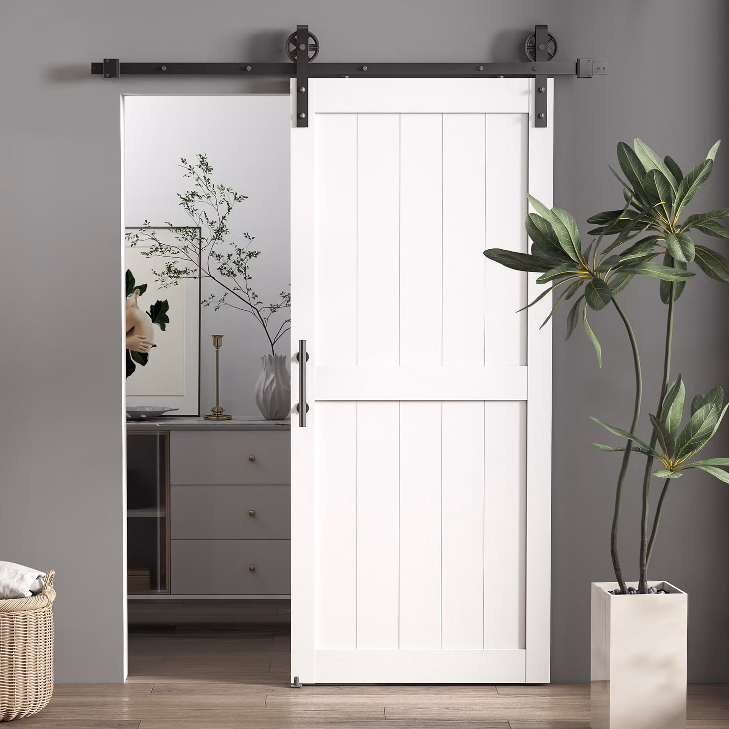 Porta Scorrevole HOMCOM in Stile Country con Binario e Maniglia, Legno e Acciaio, Bianco e Nero, L: 183 cm, H: 34 cm, P: 0,6 cm – 2
