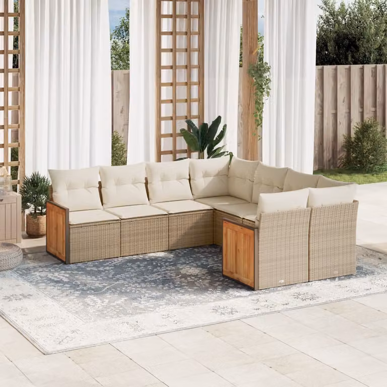 vidaXL Set Divano da Giardino 8 pz in Polyrattan con Cuscini Beige e Struttura in Legno di Acacia