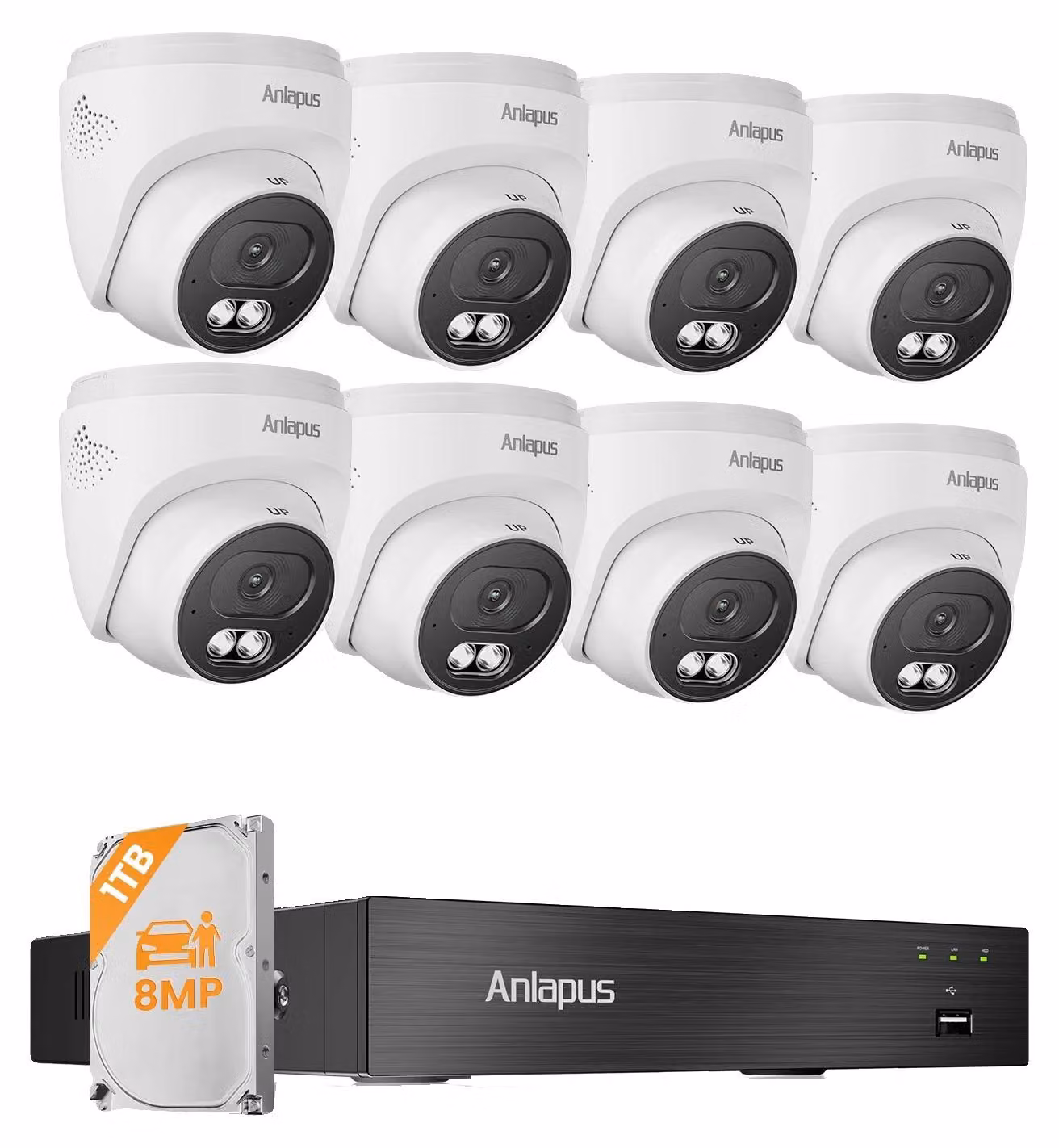 Sistema di telecamere di sicurezza, risoluzione 4K, funzioni di riconoscimento basate sull'intelligenza artificiale, DVR a 8 canali, 8 telecamere, 1TB. DVR a 8 canali, 8 telecamere, 1TB