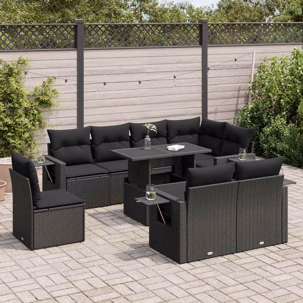 Set di divani da giardino vidaXL in polyrattan nero con 9 pezzi e cuscini