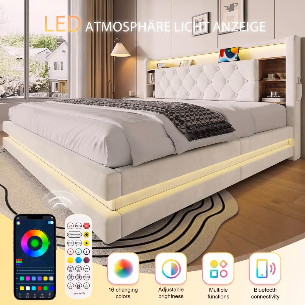Letto contenitore Mivray in velluto beige con testiera multifunzione LED, porte USB e Type-C, L/P: 180 x 200 cm – 2