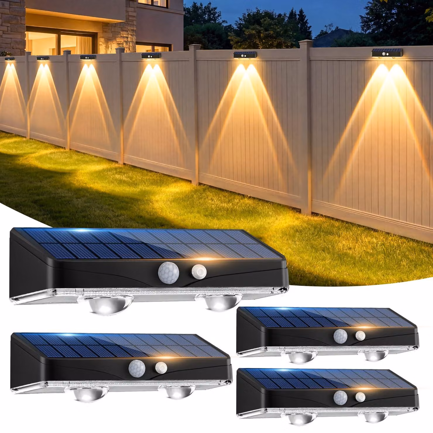 Set di 4 lampade da esterno a energia solare, grado di protezione IP65, con sensore di movimento, luce bianco caldo