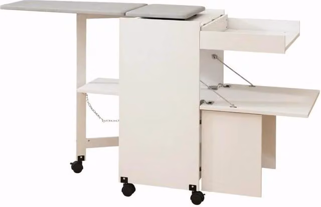 Mobile Tavolo da Stiro Pieghevole con Armadietto in MDF e Piano in Cotone Riciclato, 154x55x87 cm, Bianco e Grigio