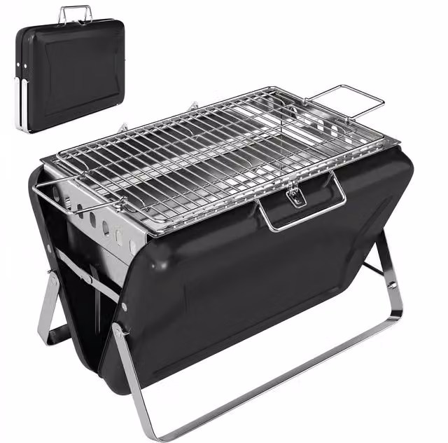 Barbecue a carbone Outsunny in acciaio inox con griglia e gambe pieghevoli per campeggio, Nero, L 40 cm x P 28 cm x H 25,5 cm